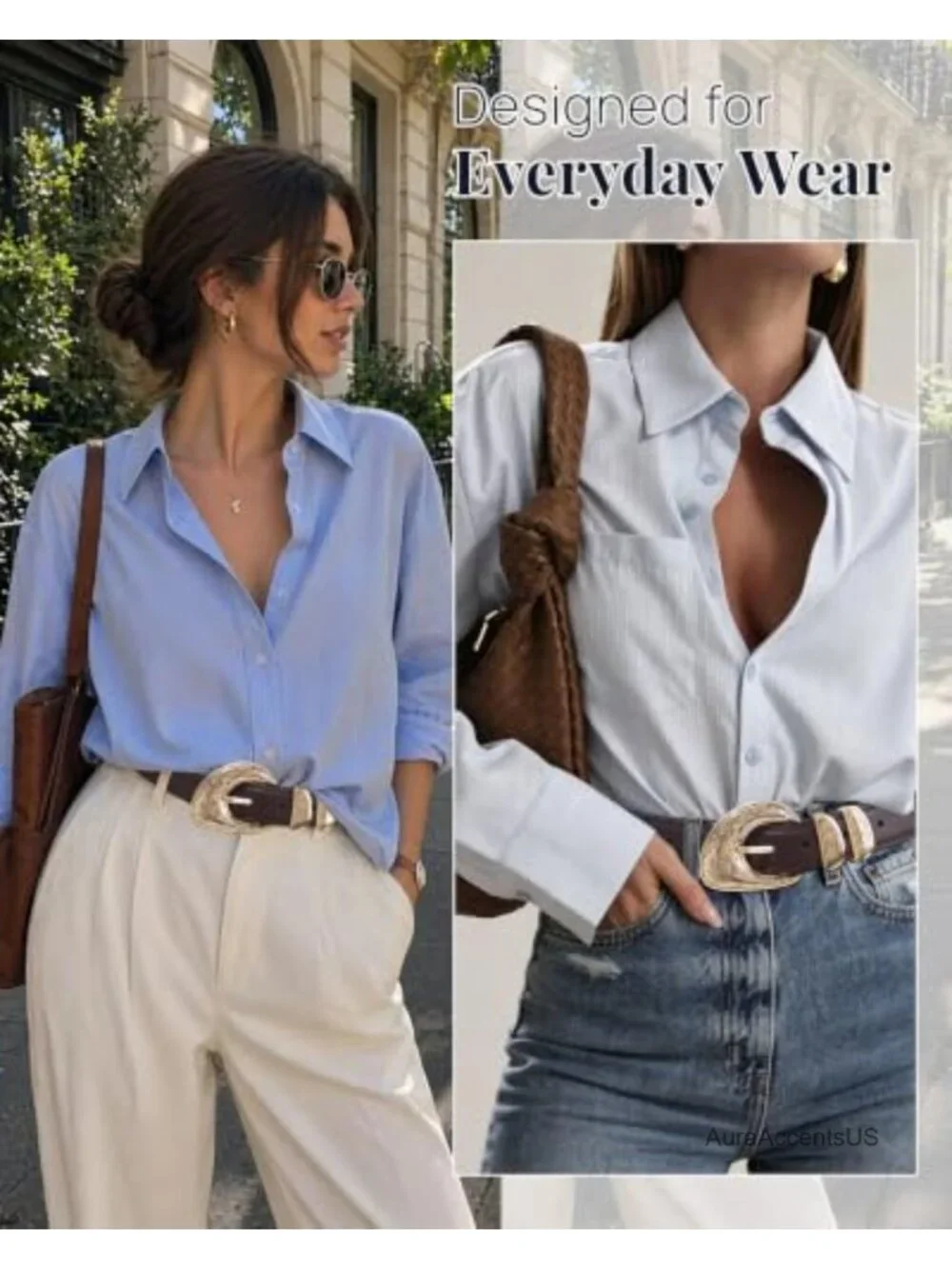 Women's Faux Leather Belt with Engraved Gold Buckle for Jeans & Dresses